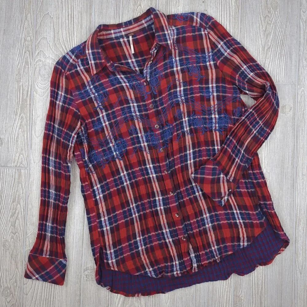 Free People Magical Plaid Embroidered Shirt Size Medium Red Oversized Loose Fit